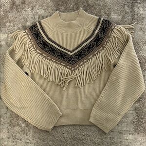 Fringed Beige Sweater with Patterned Yoke